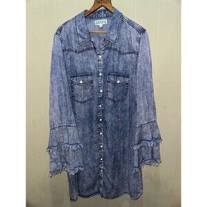 Rockin C  Women’s Denim Western Cowgirl Yoke Shirt Dress Pearl Snap Button Sz Lg